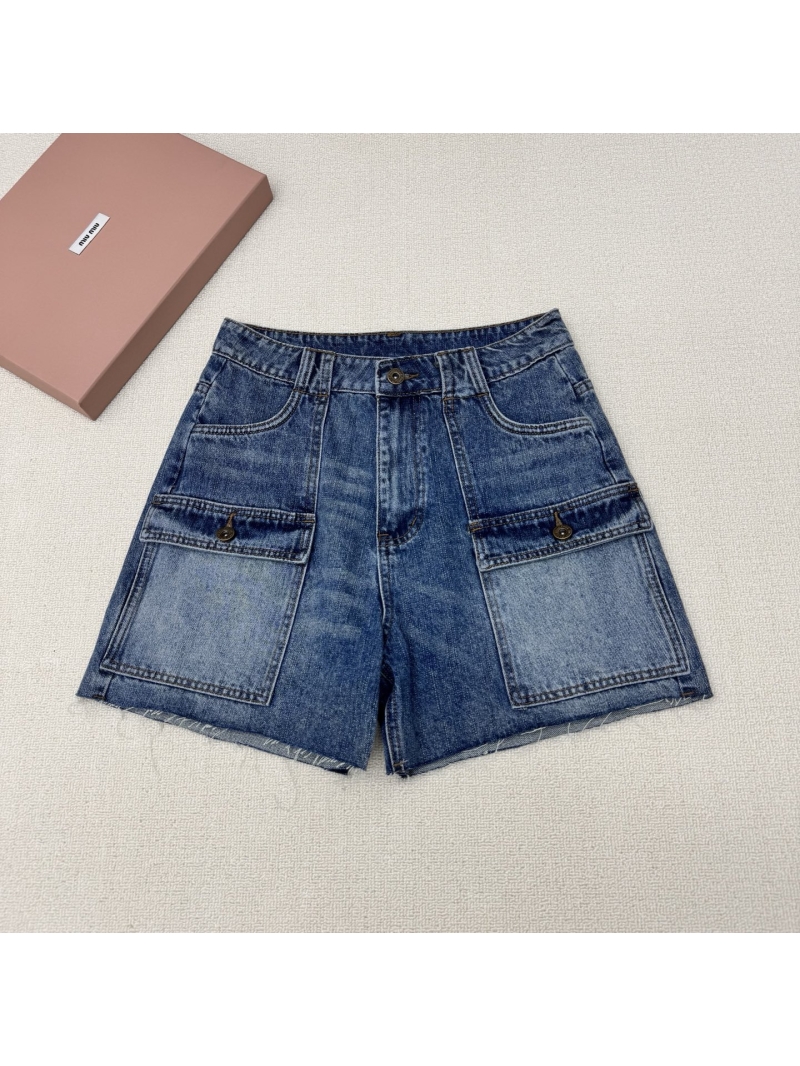 Miu Miu Utility Cargo Denim Shorts in Vintage Blue with Raw Hem and Signature Embroidery
