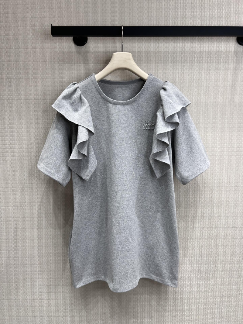 Miu Miu Ruffled Heather Grey Jersey Top - Signature Logo Embroidery