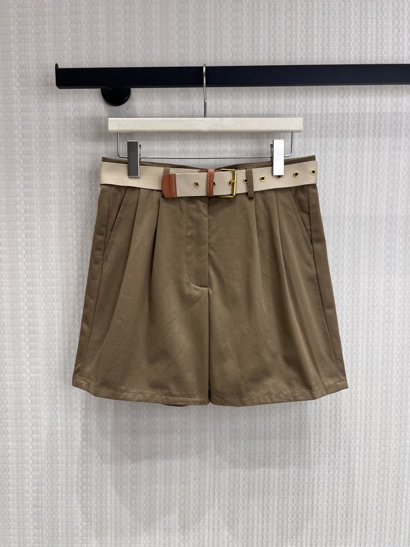 Miu Miu High-Waisted Pleated Tailored Shorts in Khaki with Signature Belt