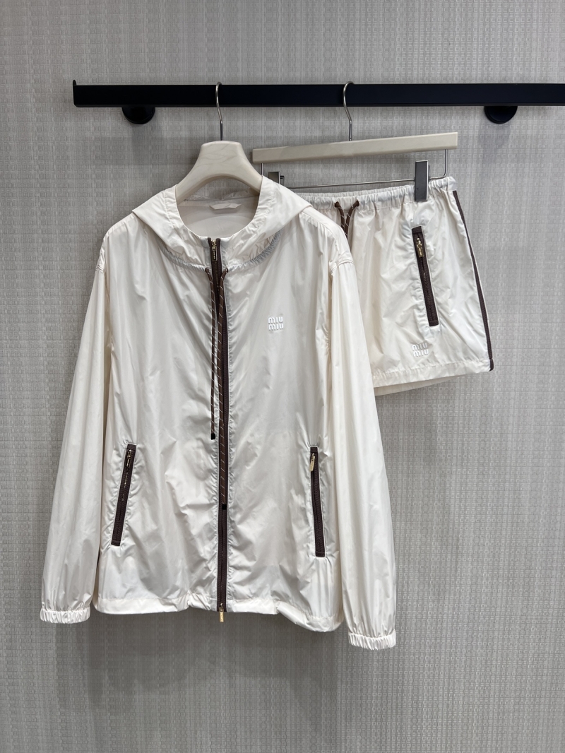 Miu Miu Hooded Windbreaker Jacket in Milk Tea Cream and Chocolate Brown