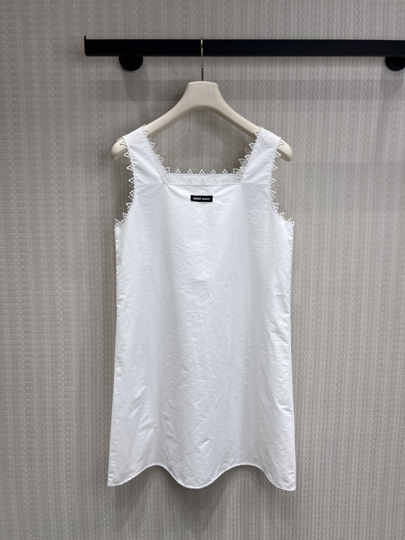 Miu Miu White Poplin Sleeveless Lace-Trim A-Line Dress