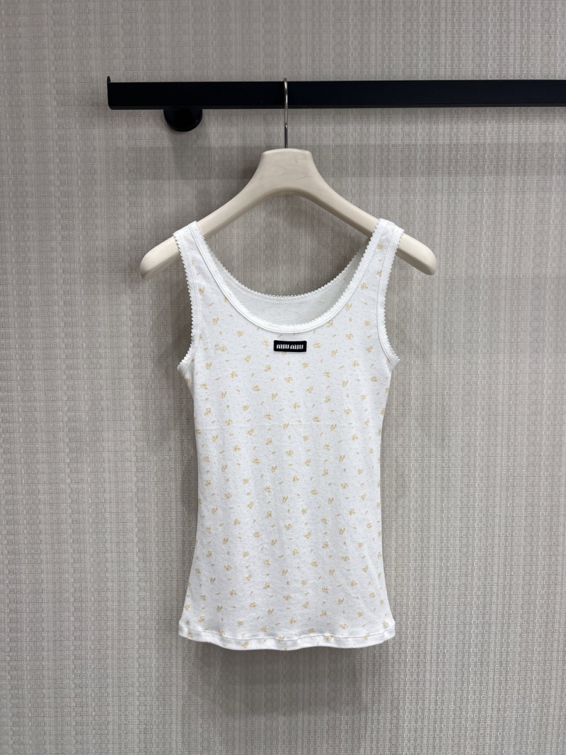 Miu Miu Ditsy Floral Lace Trim Tank Top - Exquisite Cream & Yellow Pointelle Knit