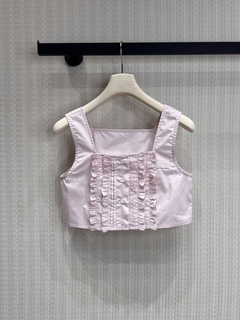 Miu Miu Cropped Ruffle Trim Cotton Poplin Top in Pale Pink