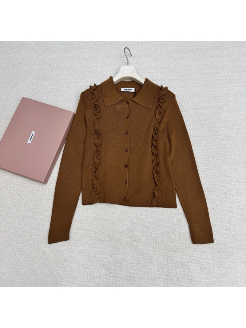 Miu Miu 26SS Ruffled Pointelle Virgin Wool Cardigan in Tobacco Brown and Olive