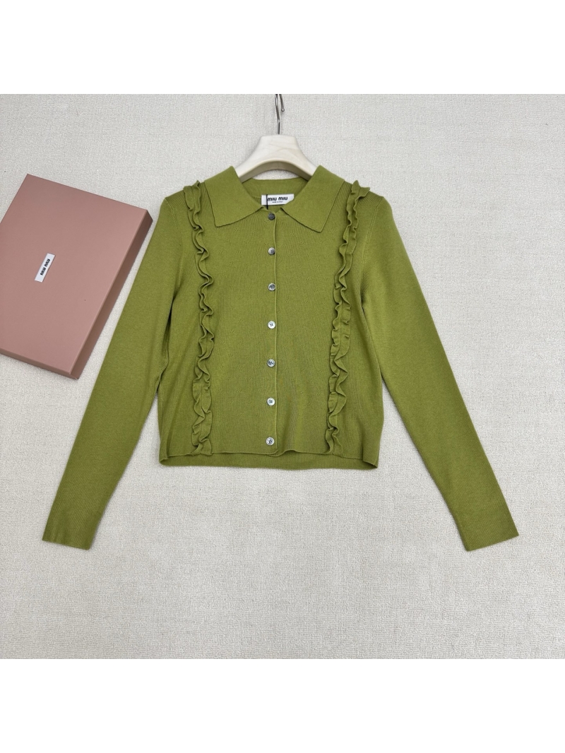 Miu Miu Olive Green & Deep Brown Virgin Wool Pointelle Ruffle Knit Cardigan