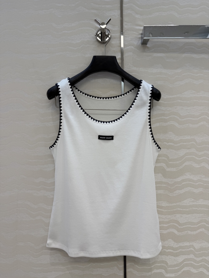 Miu Miu Lyocell Cotton Ribbed Scalloped Tank Top in White