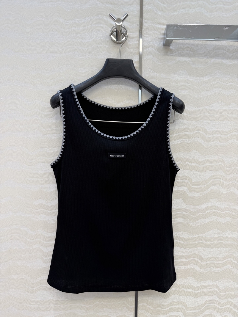 Miu Miu Lyocell Pure Cotton Shell-Stitched Ribbed Tank Top in White