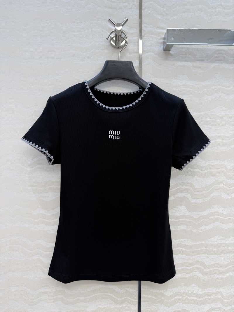 Miu Miu Lyocell-Cotton Ribbed Knit T-Shirt with Exquisite Shell Embroidery