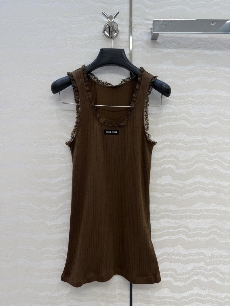 Miu Miu 100% Jacquard Pure Cotton Lace-Trimmed U-Neck Tank Top in Chocolate Brown