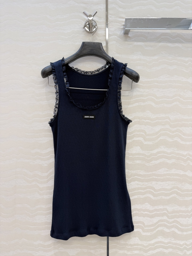 Miu Miu 100% Pure Cotton Jacquard Lace-Trimmed U-Neck Ribbed Tank Top