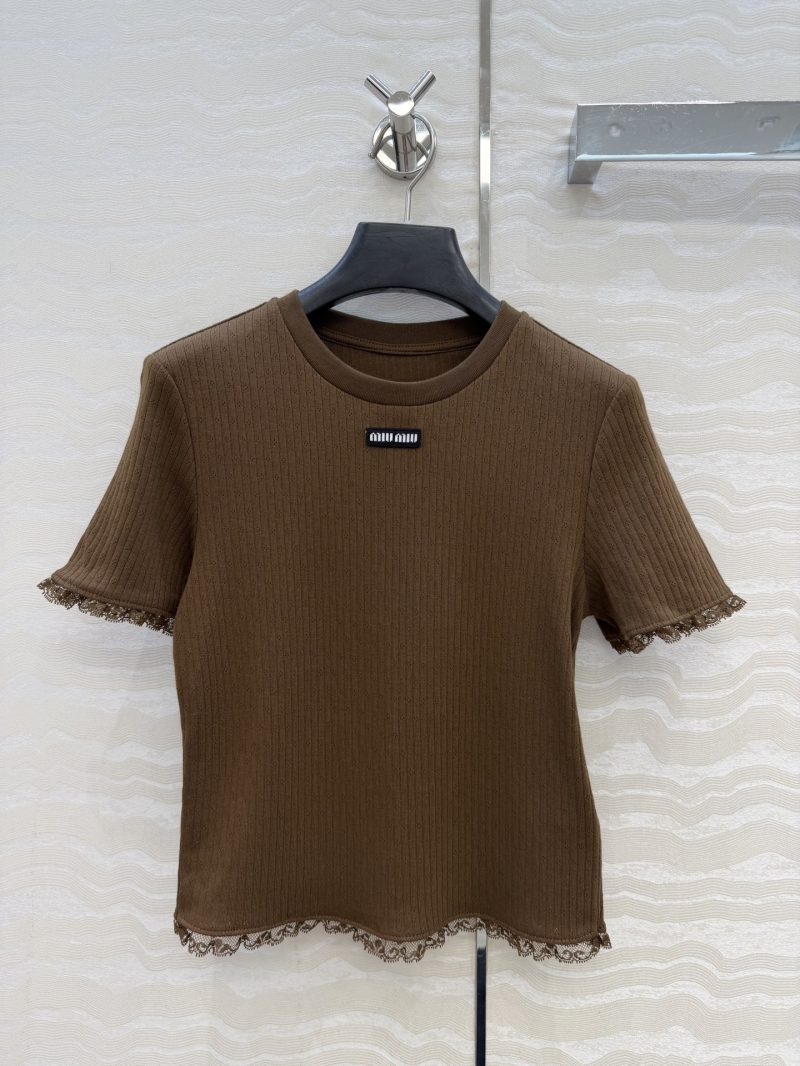 Miu Miu 100% Jacquard Cotton Lace Trim Preppy Short-Sleeved Top in Chocolate Brown