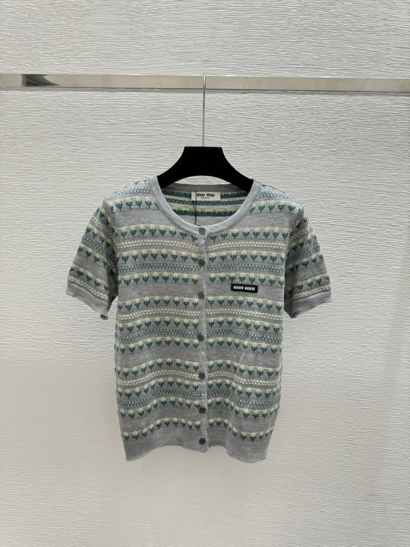 Miu Miu Floral Fair Isle Knit Short-Sleeved Cardigan in Heather Grey