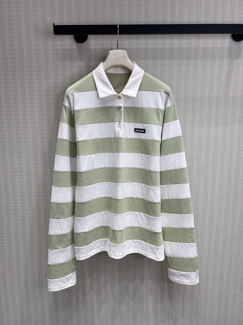 Miu Miu Striped Cotton Long-Sleeved Polo Shirt - Sage Green/Cream