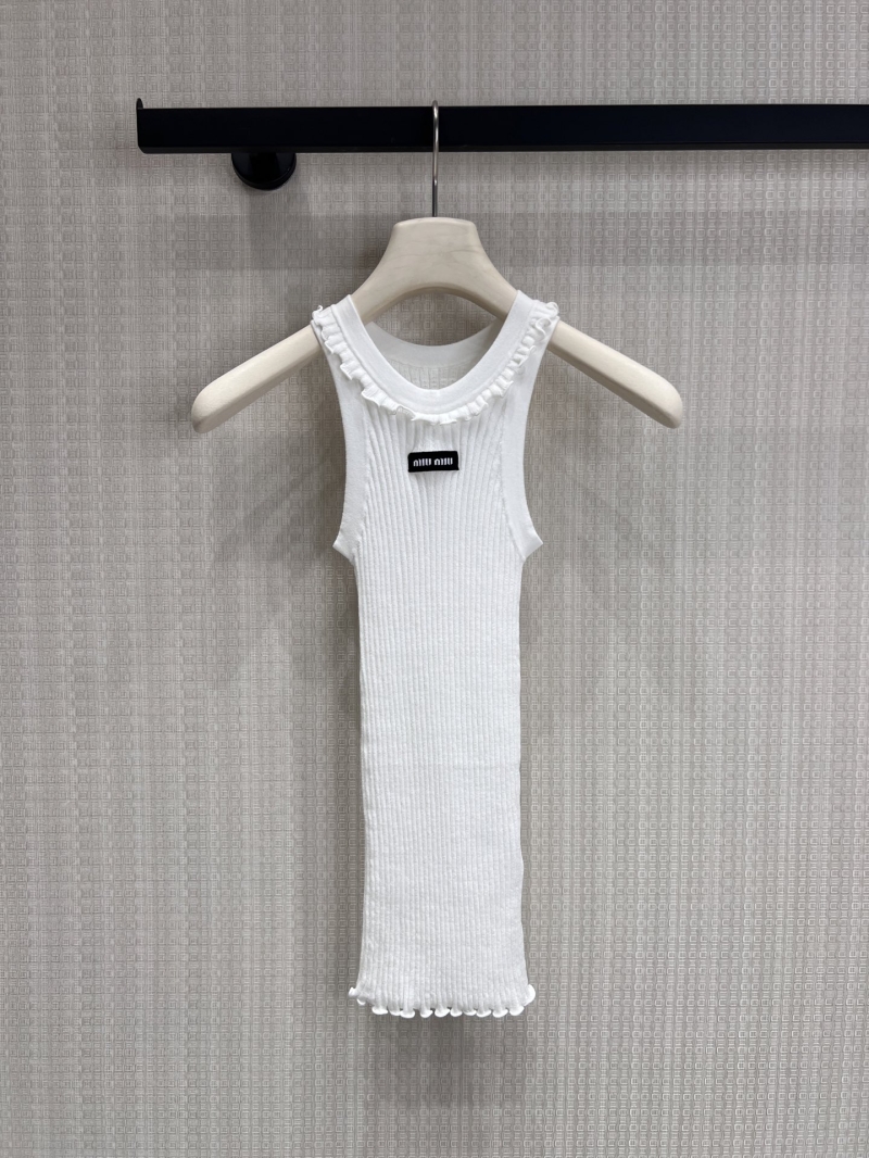 Miu Miu Signature Ribbed Knit Tank Top with Delicate Lace Trim in White