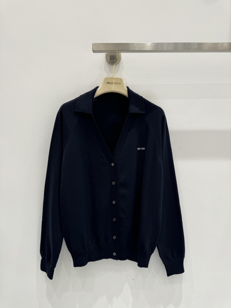 Miu Miu Navy Blue Spread Collar Fine-Gauge Knit Cardigan - Signature Embroidered Logo