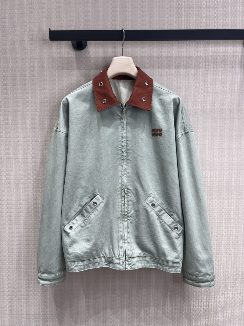 Miu Miu Oversized Distressed Workwear Denim Jacket in Sage Green