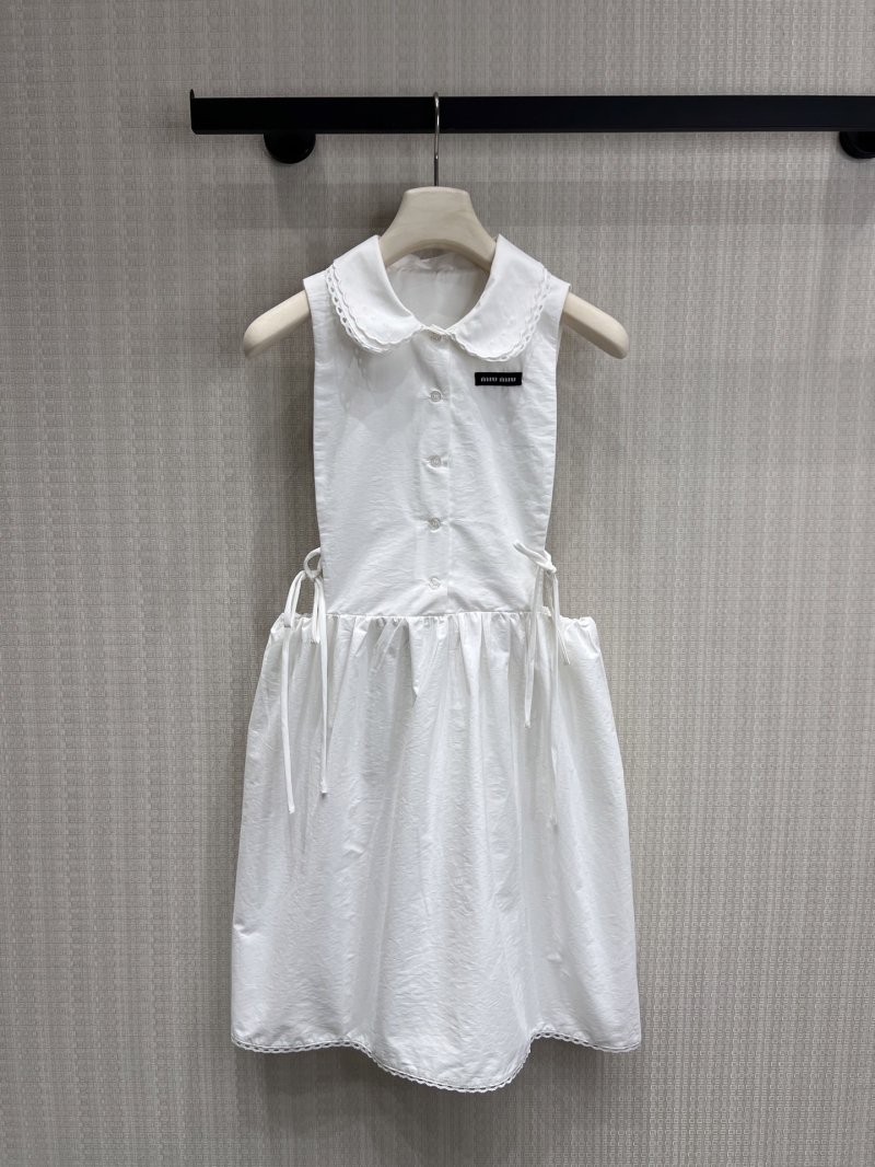 Miu Miu White Sleeveless Lace Collar Cotton Dress - Exquisite Peter Pan Collar & Adjustable Waist