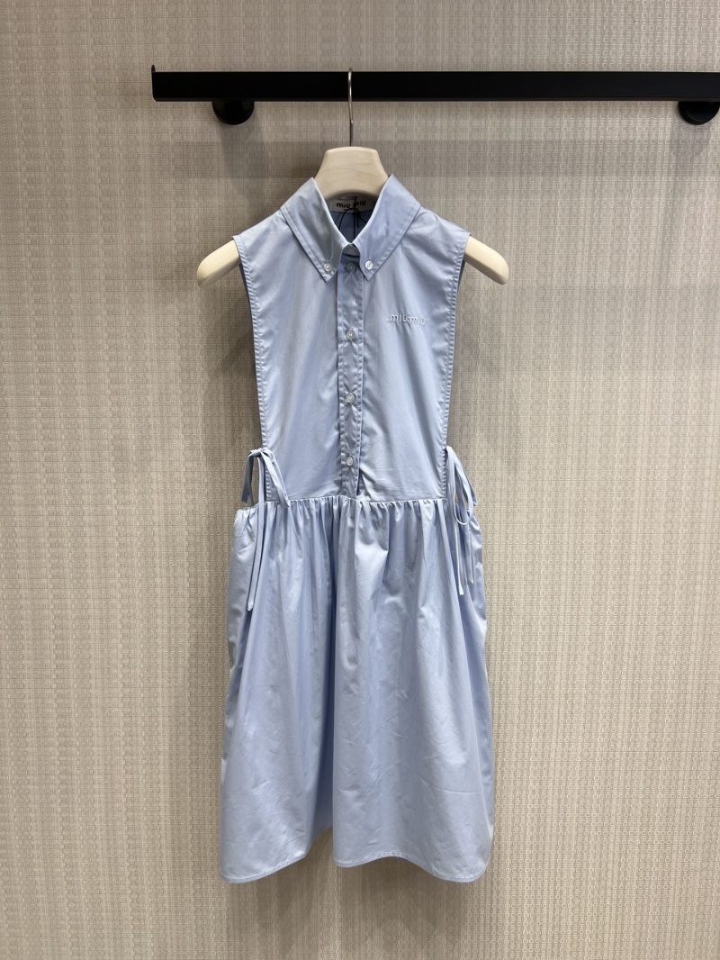 Miu Miu Sleeveless Cut-Out Waist Cotton Poplin Shirt Dress in Baby Blue