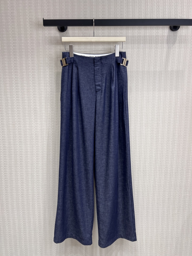 Miu Miu High-Waisted Wide-Leg Linen Blend Trousers with Gold-Toned Metal Buckles in Dark Indigo Blue