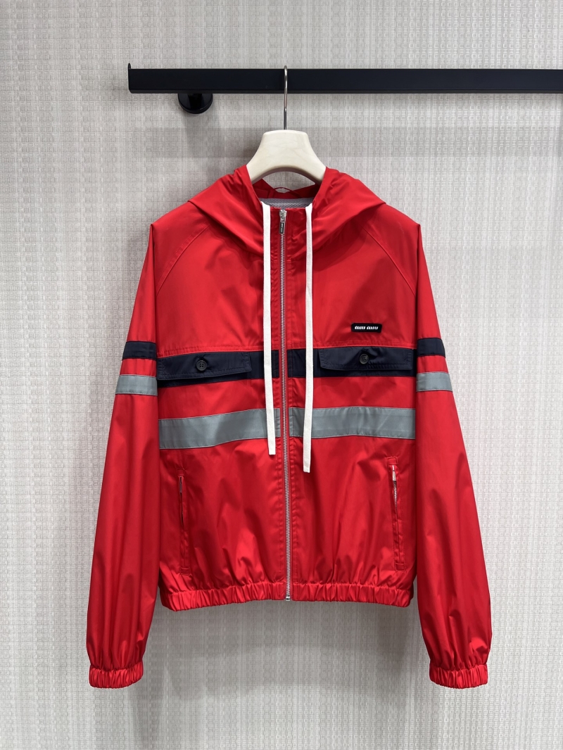 Miu Miu Vibrant Red Reflective Stripe Hooded Jacket - Signature Technical Windbreaker