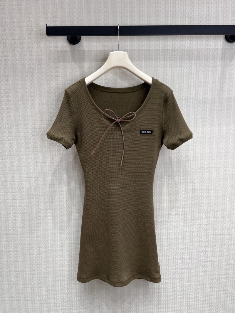 Miu Miu Waffle-Knit Slim-Fit Mini Dress in Retro Olive Brown