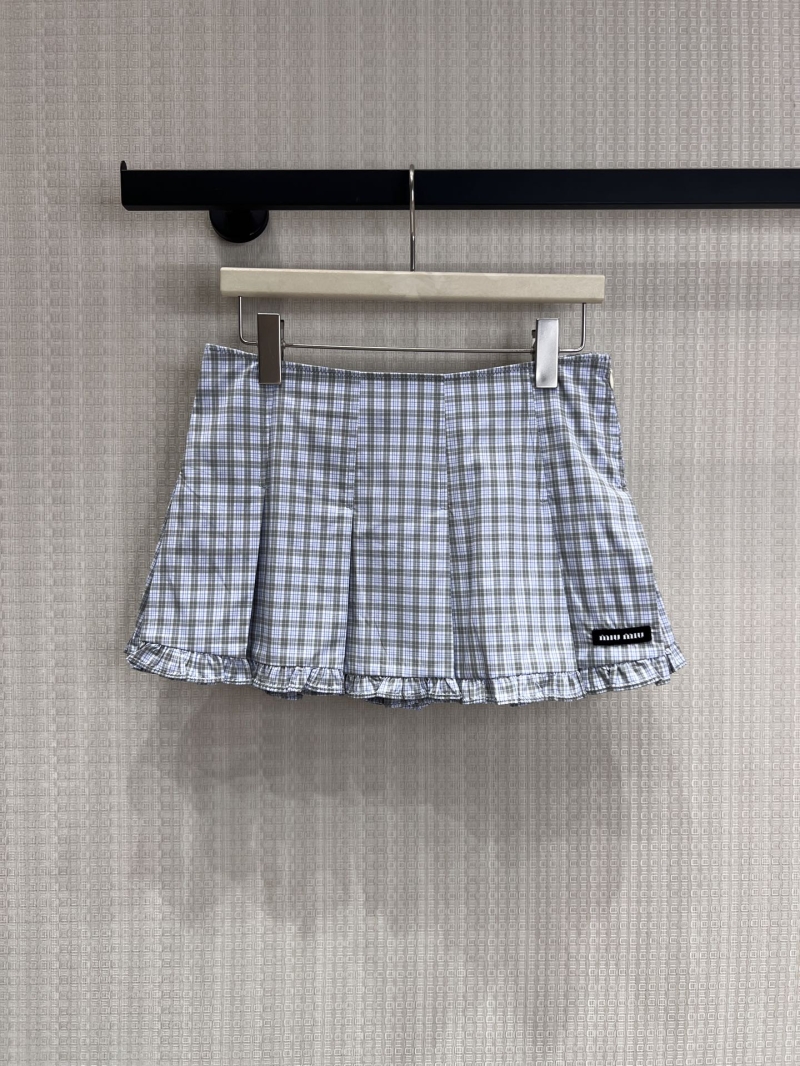 Miu Miu Plaid Pleated Mini Skirt - Light Blue Checkered Academy Style with Ruffle Trim