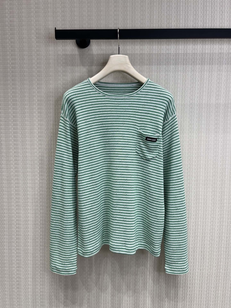 Miu Miu Emerald Green Striped Textured Knit Long-Sleeve Top