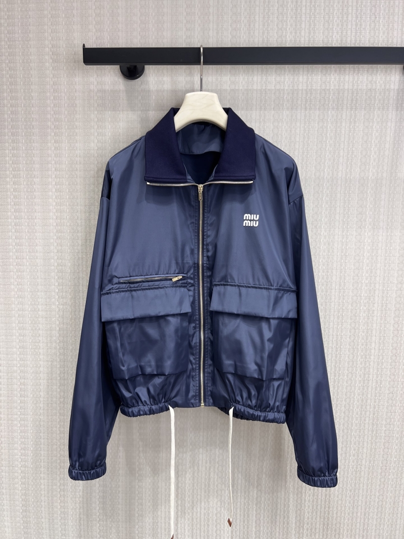 Miu Miu Navy Blue High-Count Nylon Windbreaker Jacket with Embroidered Logo