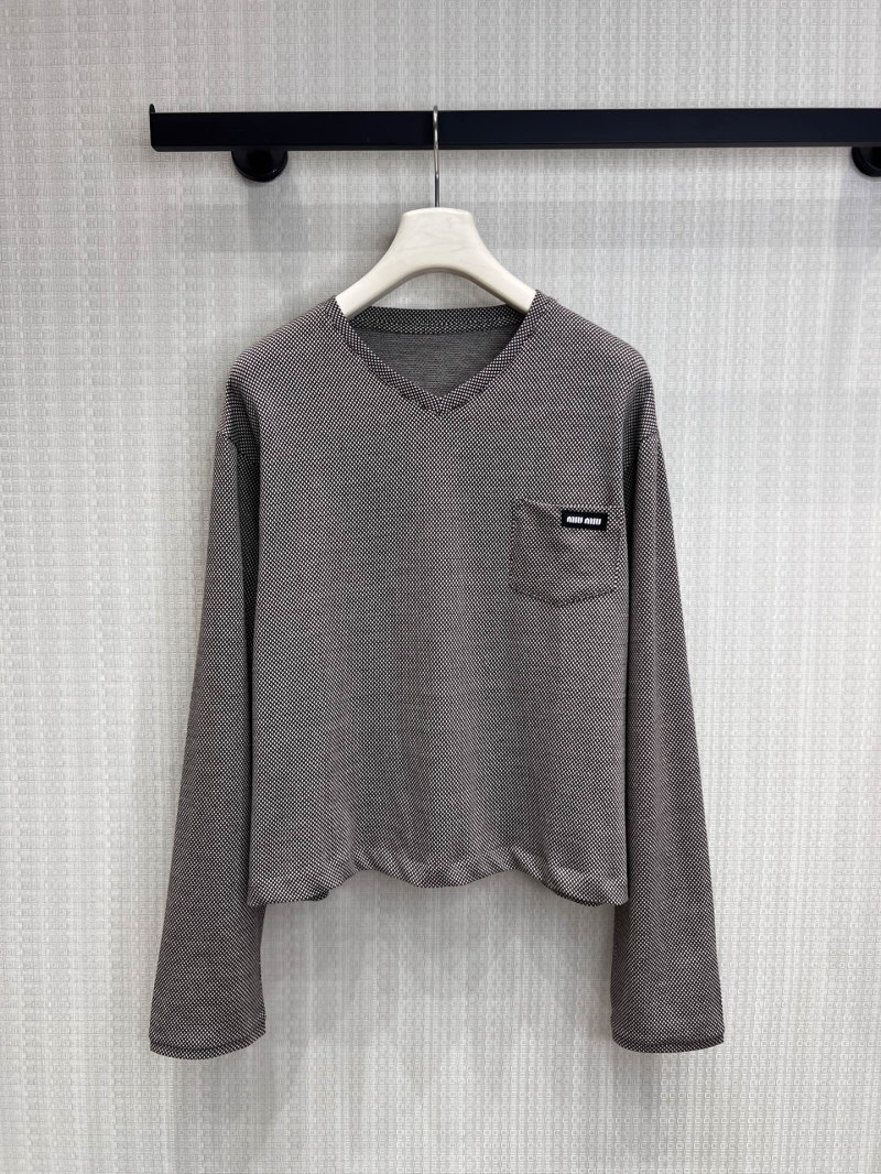 Miu Miu Micro-Check V-Neck Relaxed Long-Sleeve T-Shirt in Charcoal Grey