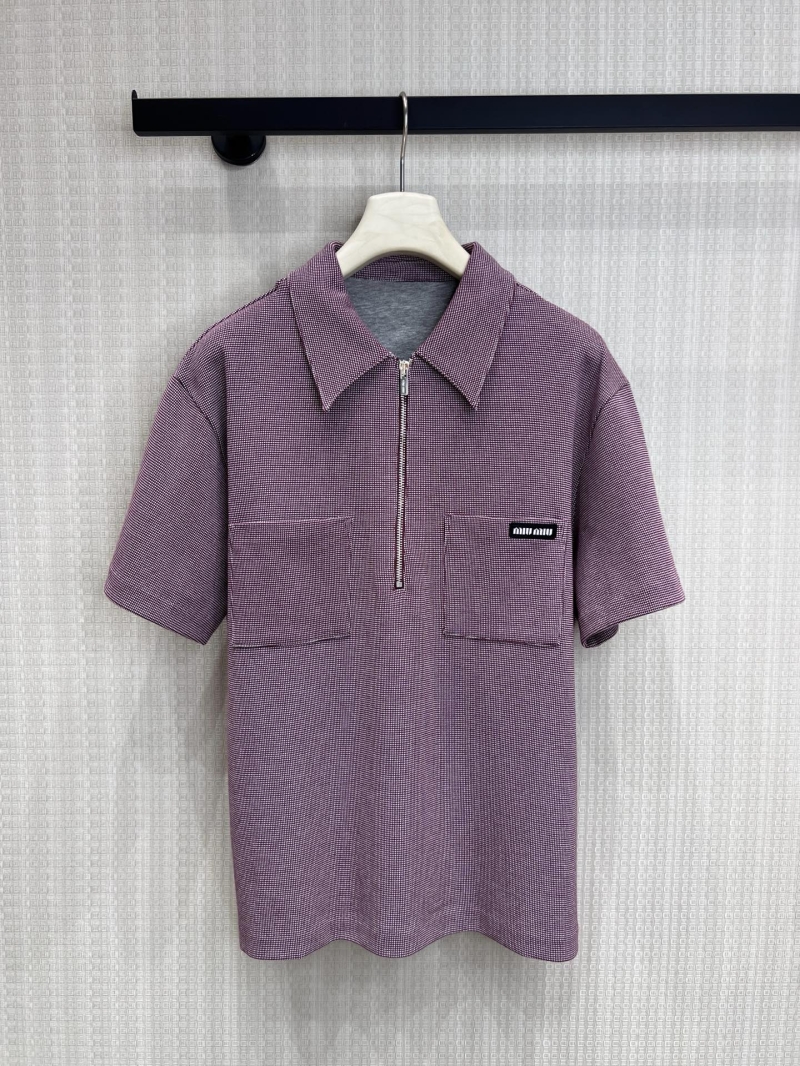 Miu Miu Houndstooth Half-Zip Polo Shirt in Dusty Plum - Retro Boxy Fit
