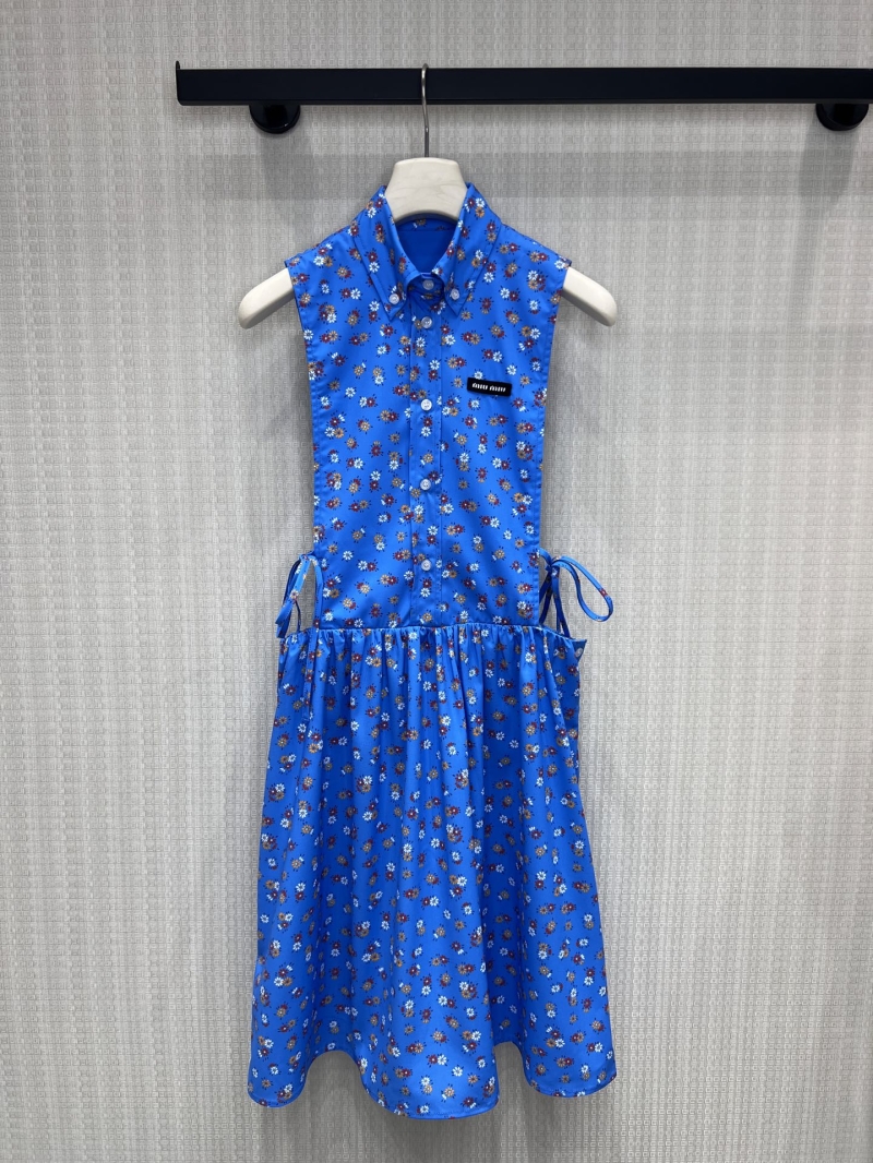 Miu Miu Sleeveless Floral Print Shirt Dress in Bright Blue with Adjustable Side Ties