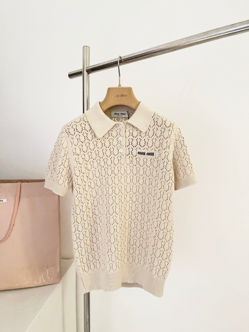 Miu Miu Jacquard Openwork Knit Polo Shirt in Cream Ivory
