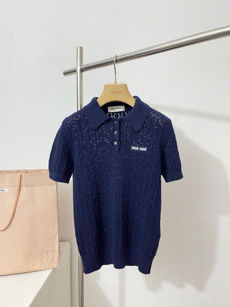 Miu Miu Open-Knit Navy Blue Polo Shirt with Signature Logo