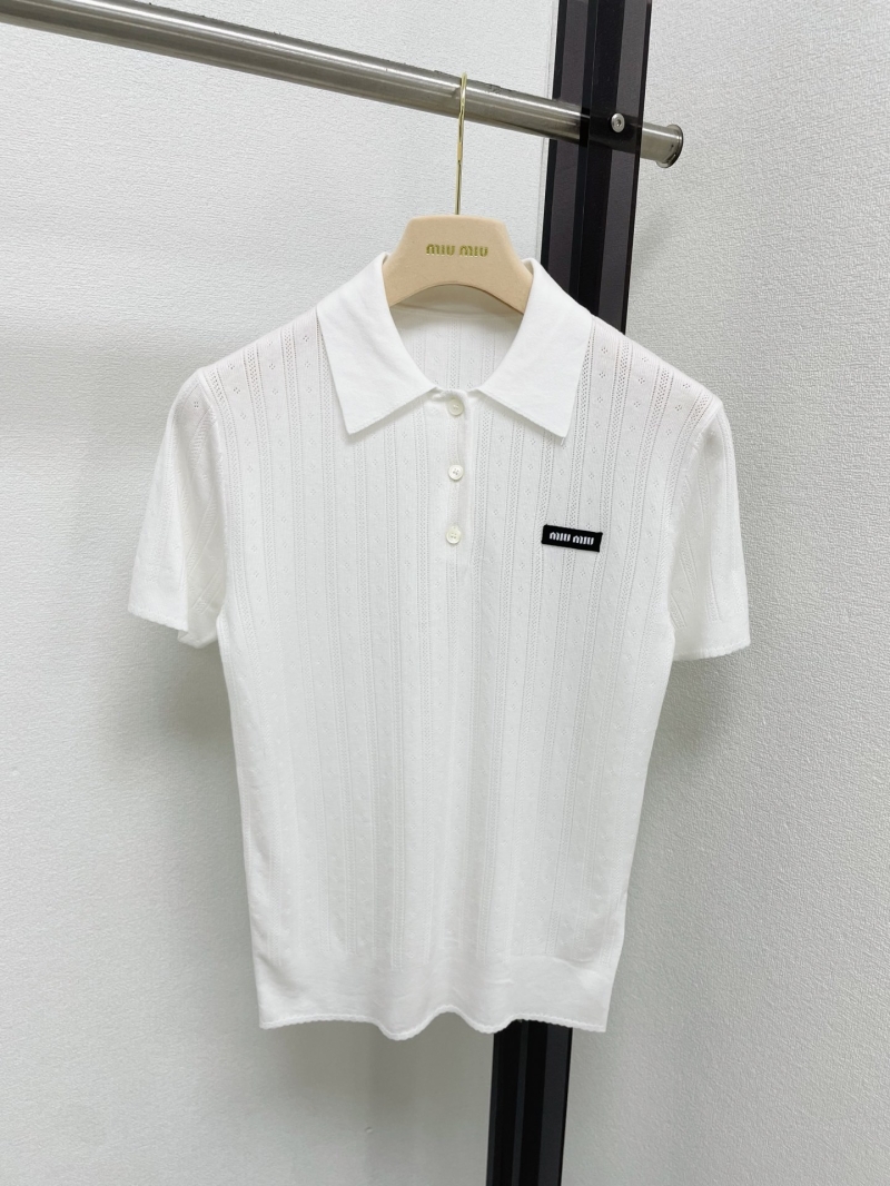 Miu Miu White Pointelle Ribbed Knit Polo Shirt with Logo Patch