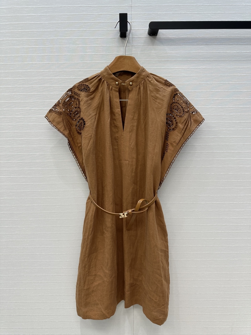Max Mara Elegant Khaki Linen Embroidery Dress - Luxe French Resort Style