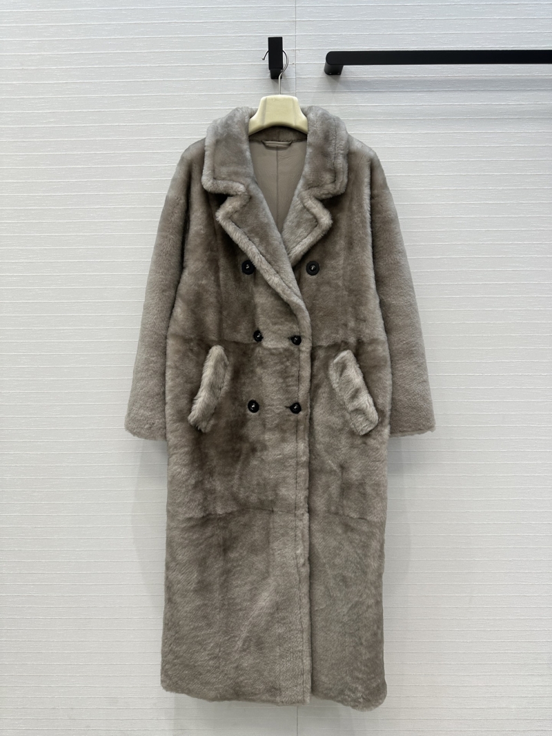 Max Mara Australian Merino Sheepskin Double-Breasted Long Coat in Taupe