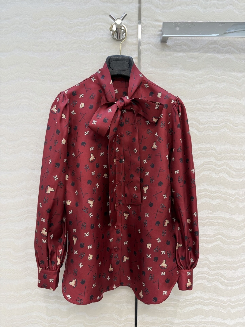 Max Mara Premium Equestrian Print Silk Twill Pussy Bow Blouse in Burgundy