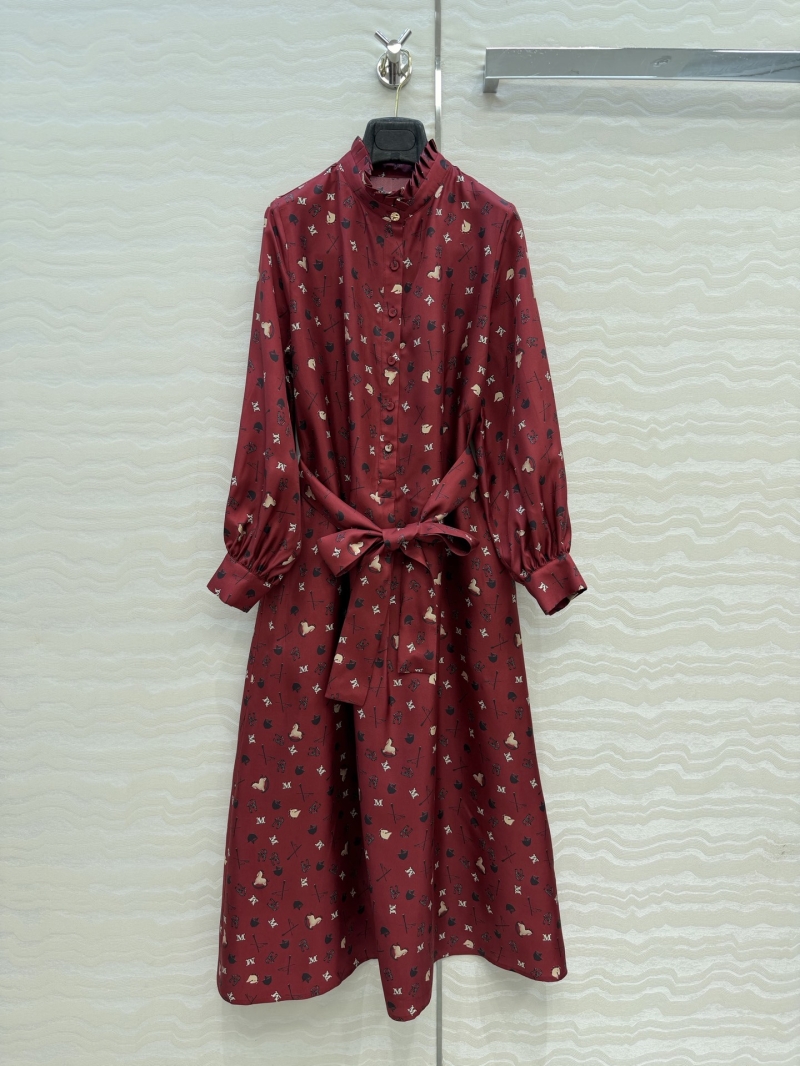 Maxmara 100% Silk Twill Equestrian Print Palace Ruffle Dress