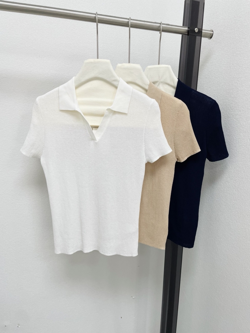 Maxmara Signature Ribbed Knit Slim Fit Polo Shirt - White, Beige, Navy Blue