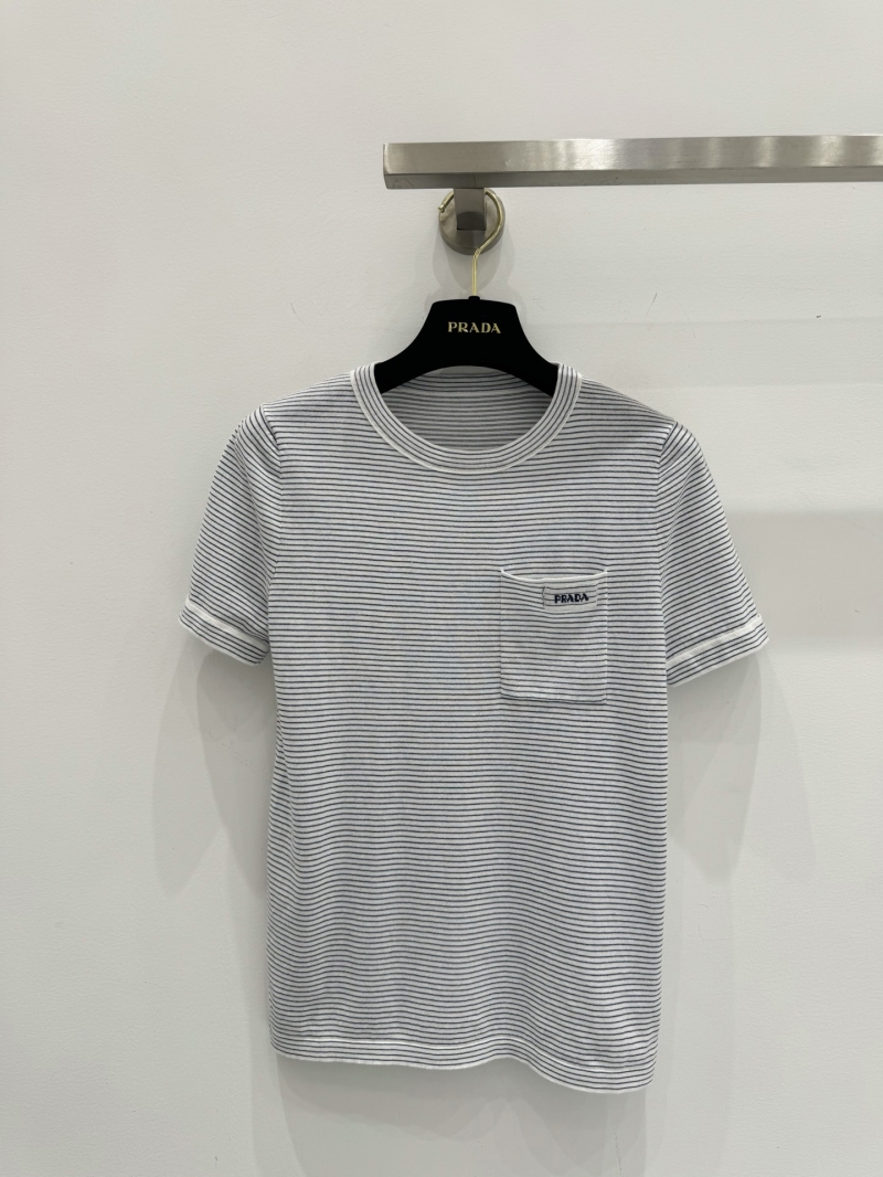Prada 2025 Spring Summer Chic Color-Block Striped Short-Sleeve Knit Top - Youthful & Trendy