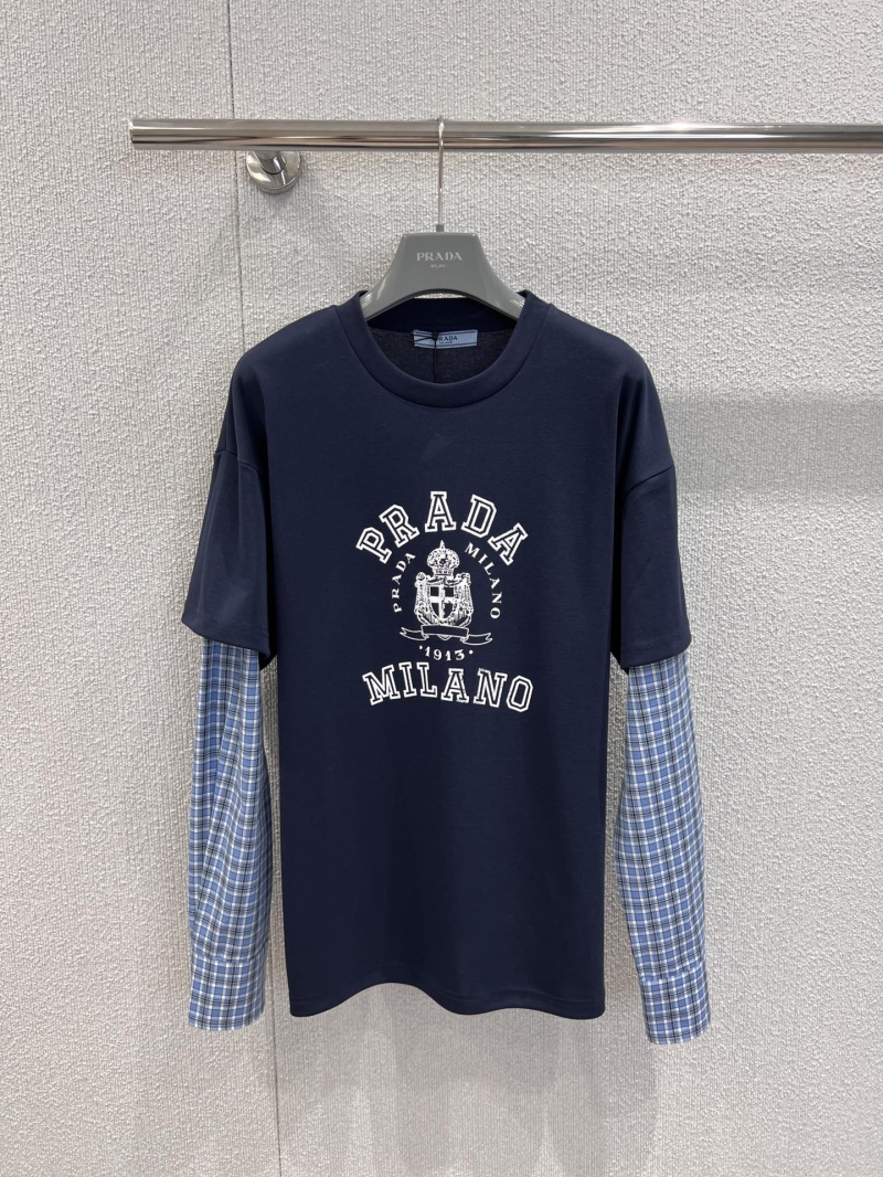 Prada Plaid Spliced Long-Sleeve Faux Two-Piece T-Shirt - Exclusive Luxe Design