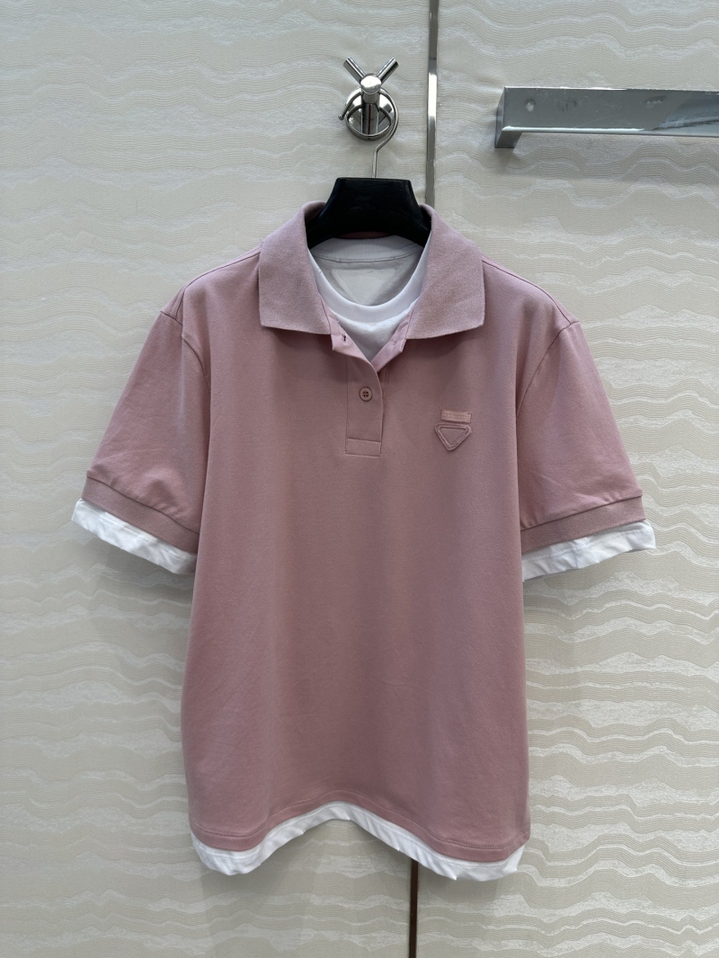 Prada Luxe Pink Long-Term Essential T-Shirt with Faux Two-Piece Polo Collar