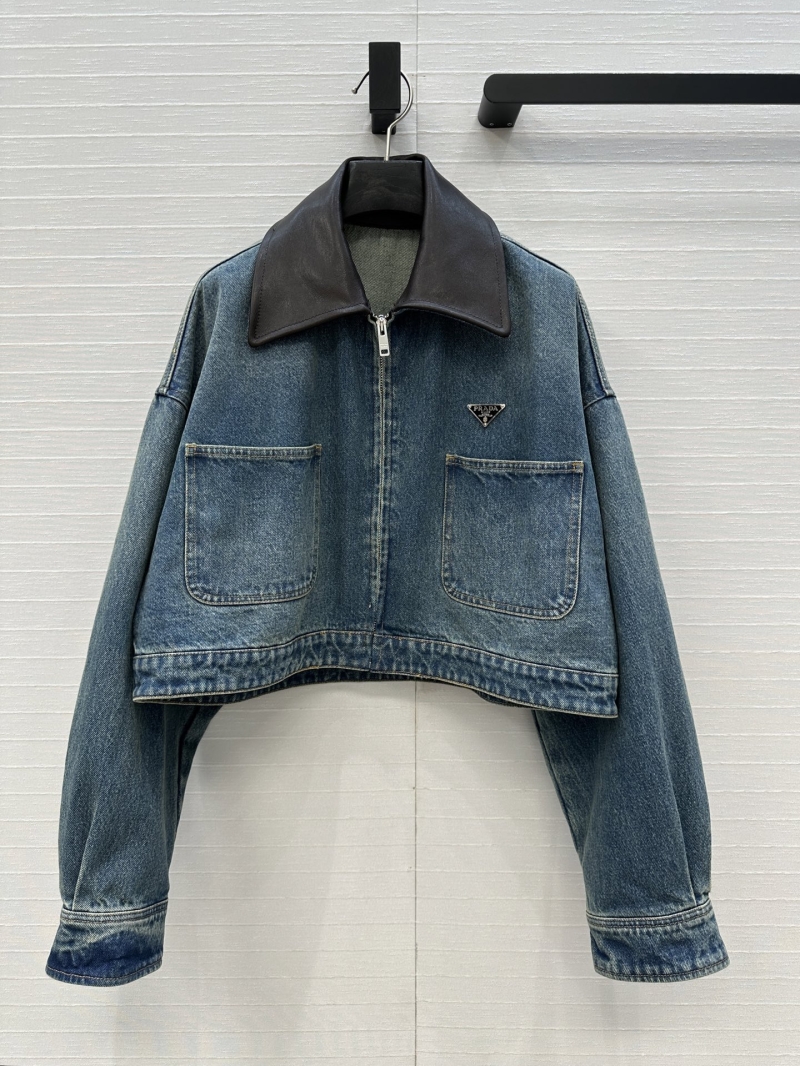 PRADA Luxe Enzyme-Washed Vintage Leather Collar Denim Jacket - Classic Relaxed Fit