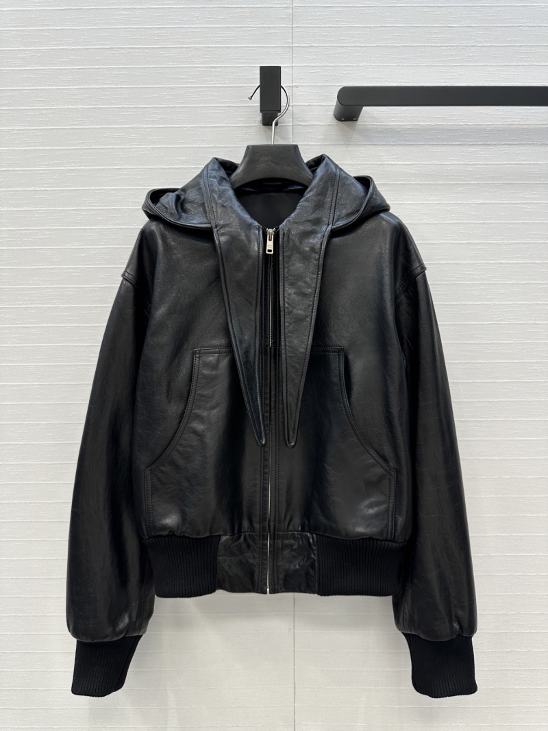 Prada High-Fashion Bow Detail Hooded Leather Jacket - Luxe 100% Vegetable-Tanned Lambskin
