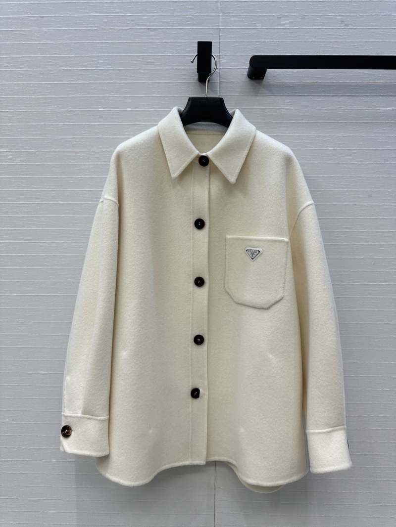 Prada Early Fall Collection Iconic Triangle Logo Double-Faced Wool & Cashmere Coat in Beige