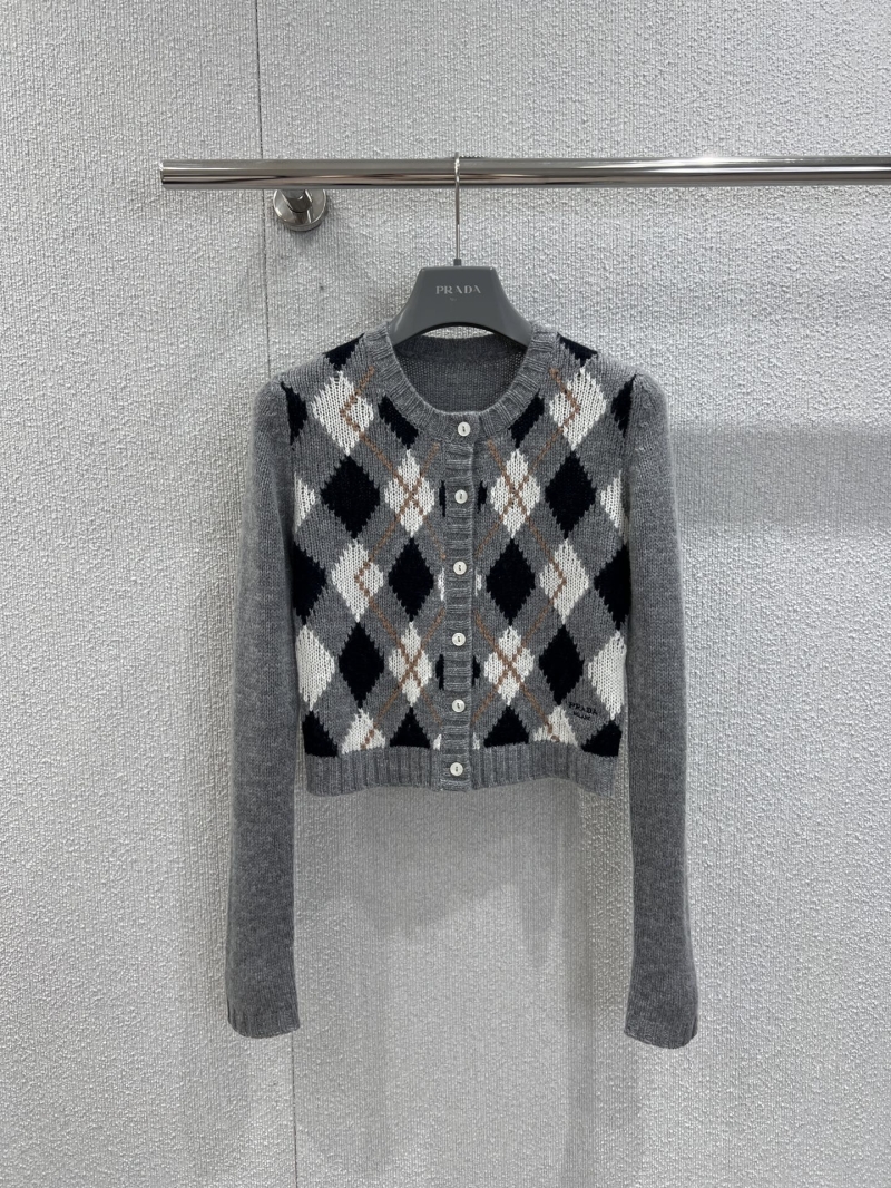 Prada Early Fall Argyle Pattern Cashmere Cardigan in Light Gray