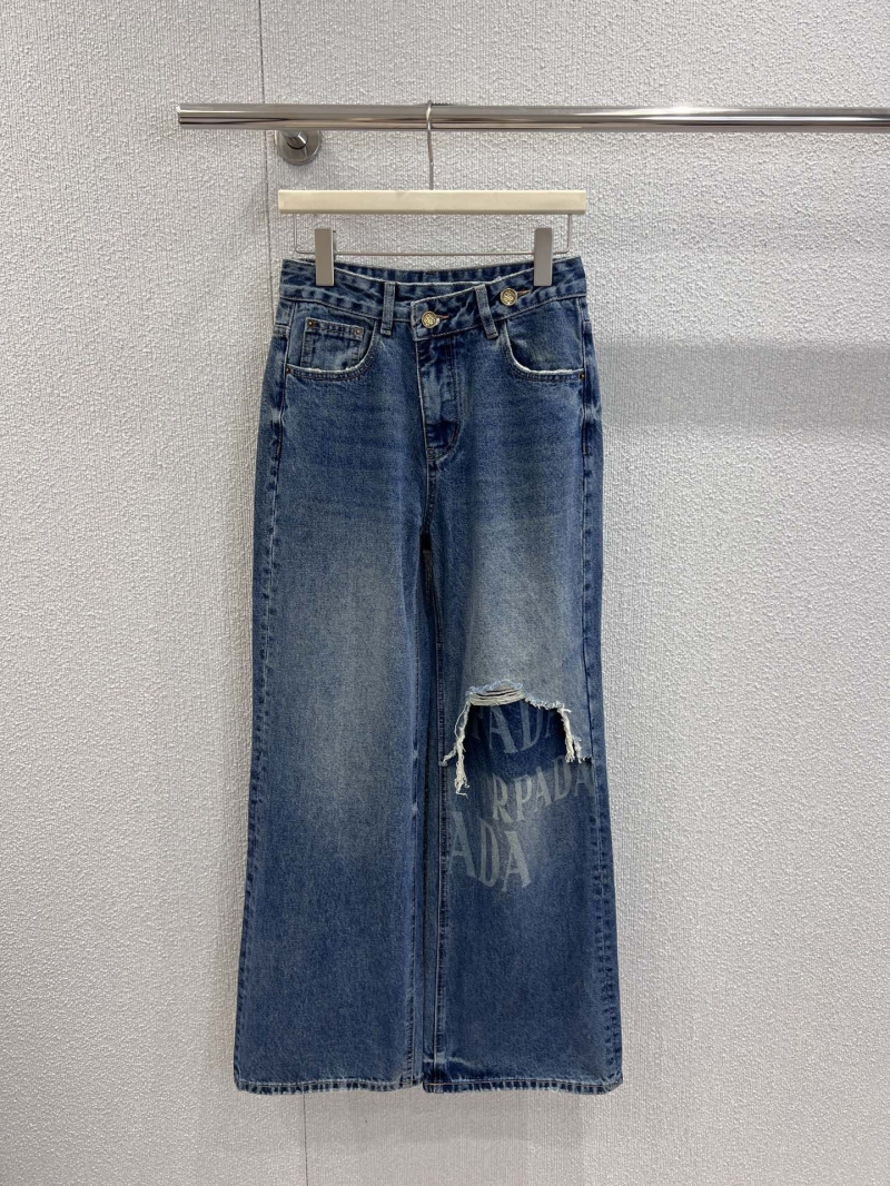 Prada 25FW Laser-Letter Print Distressed Raw-Hem Denim Jeans in Classic Blue