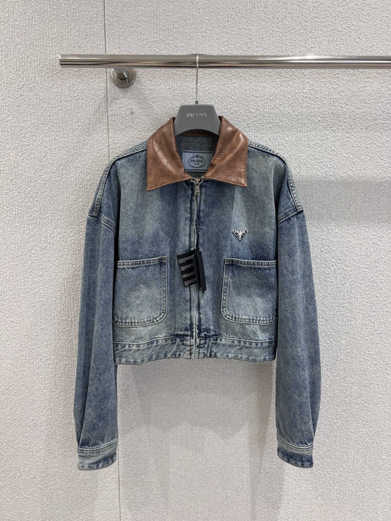 Prada Early Fall Cropped Denim Jacket with Leather Collar in Light Blue