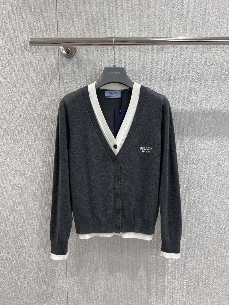 Prada Early Fall Exquisite Logo Embroidered Two-Layer Knit Cardigan in Charcoal Grey