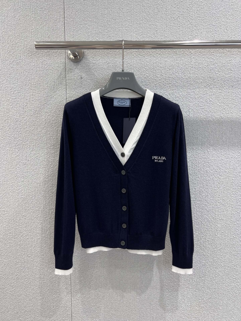 Prada Navy Blue Embroidered Logo Faux Two-Piece Knit Cardigan